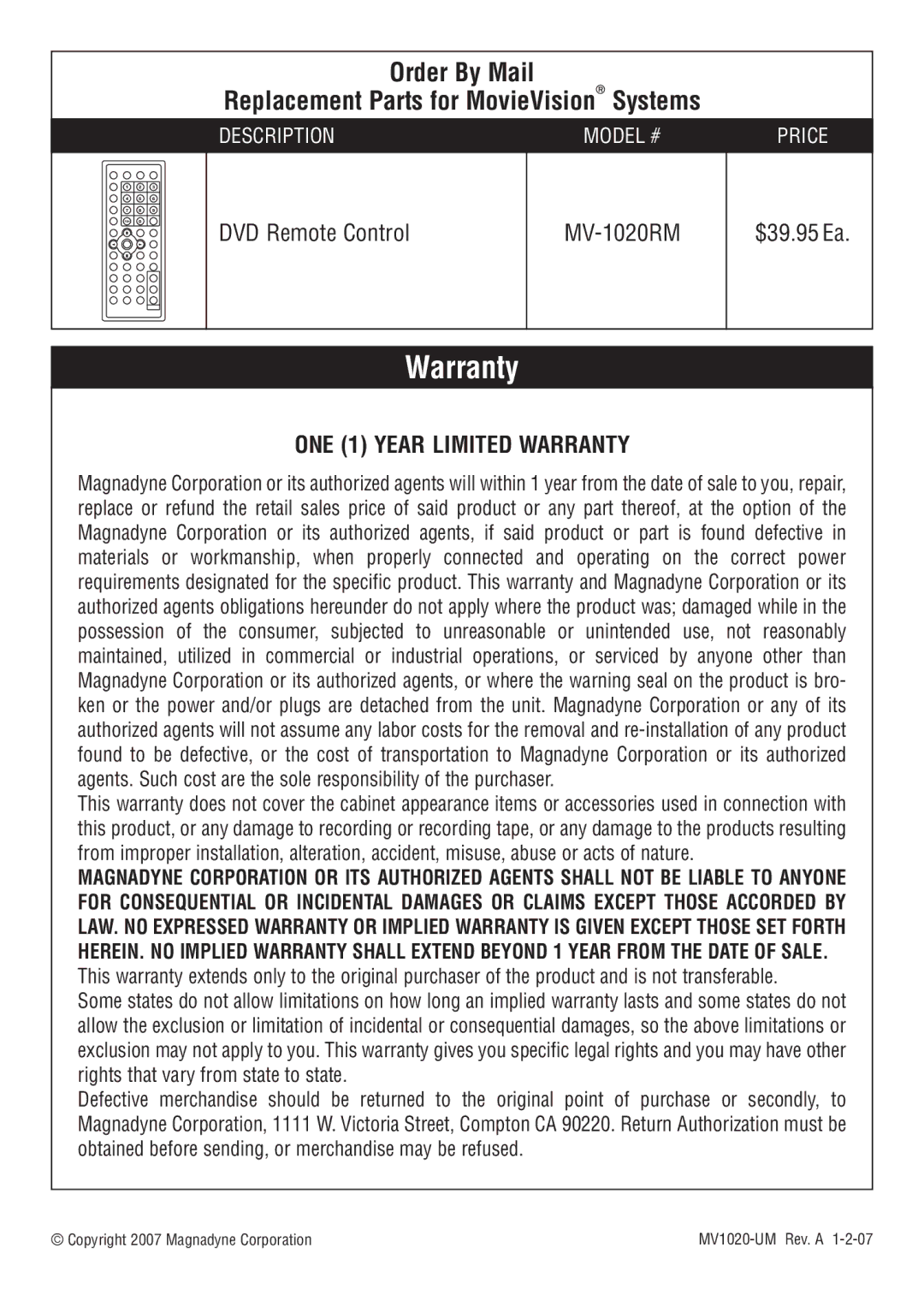 Magnadyne MV1020C owner manual Warranty 