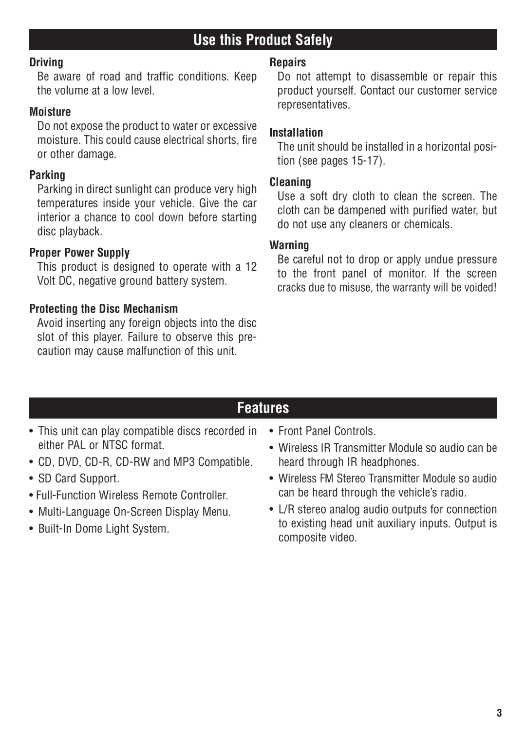 Magnadyne MV1020C owner manual Use this Product Safely, Features 