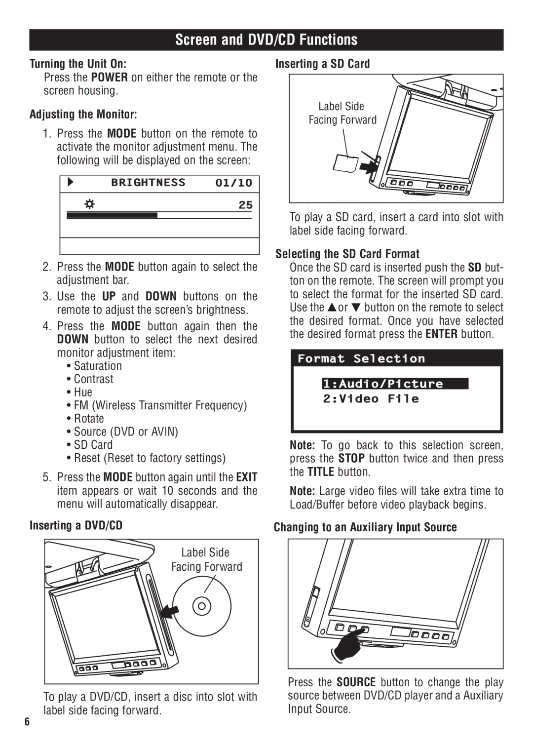 Magnadyne MV1020C owner manual Turning the Unit On, Adjusting the Monitor, Inserting a DVD/CD, Inserting a SD Card 