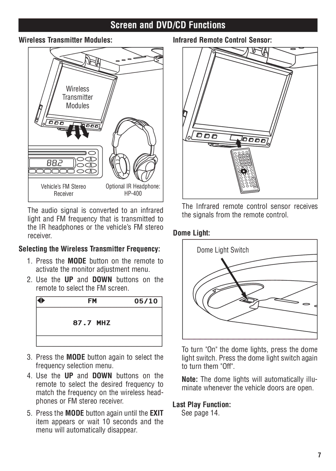 Magnadyne MV1020C owner manual Wireless Transmitter Modules, Infrared Remote Control Sensor, Dome Light, Last Play Function 