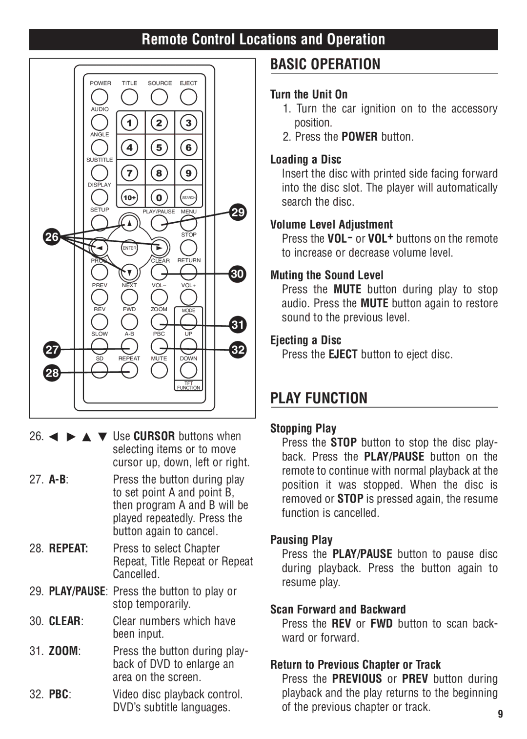 Magnadyne MV1020C owner manual Basic Operation, Play Function 