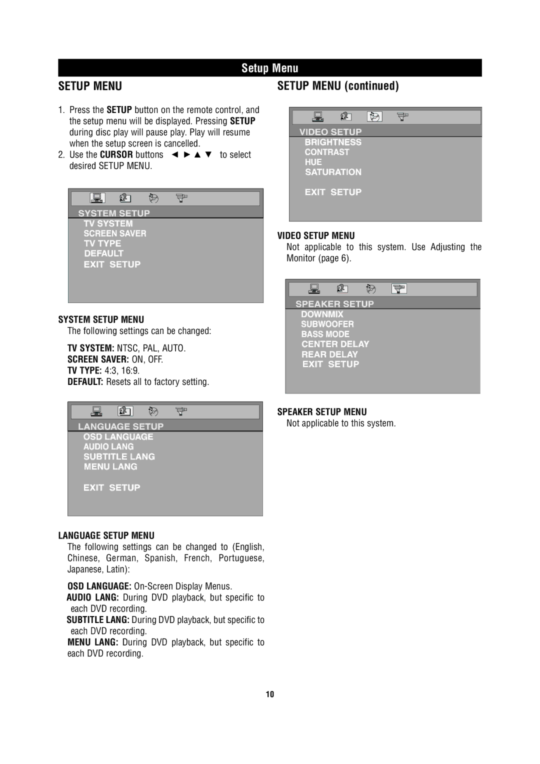 Magnadyne MV1025 owner manual Setup Menu 