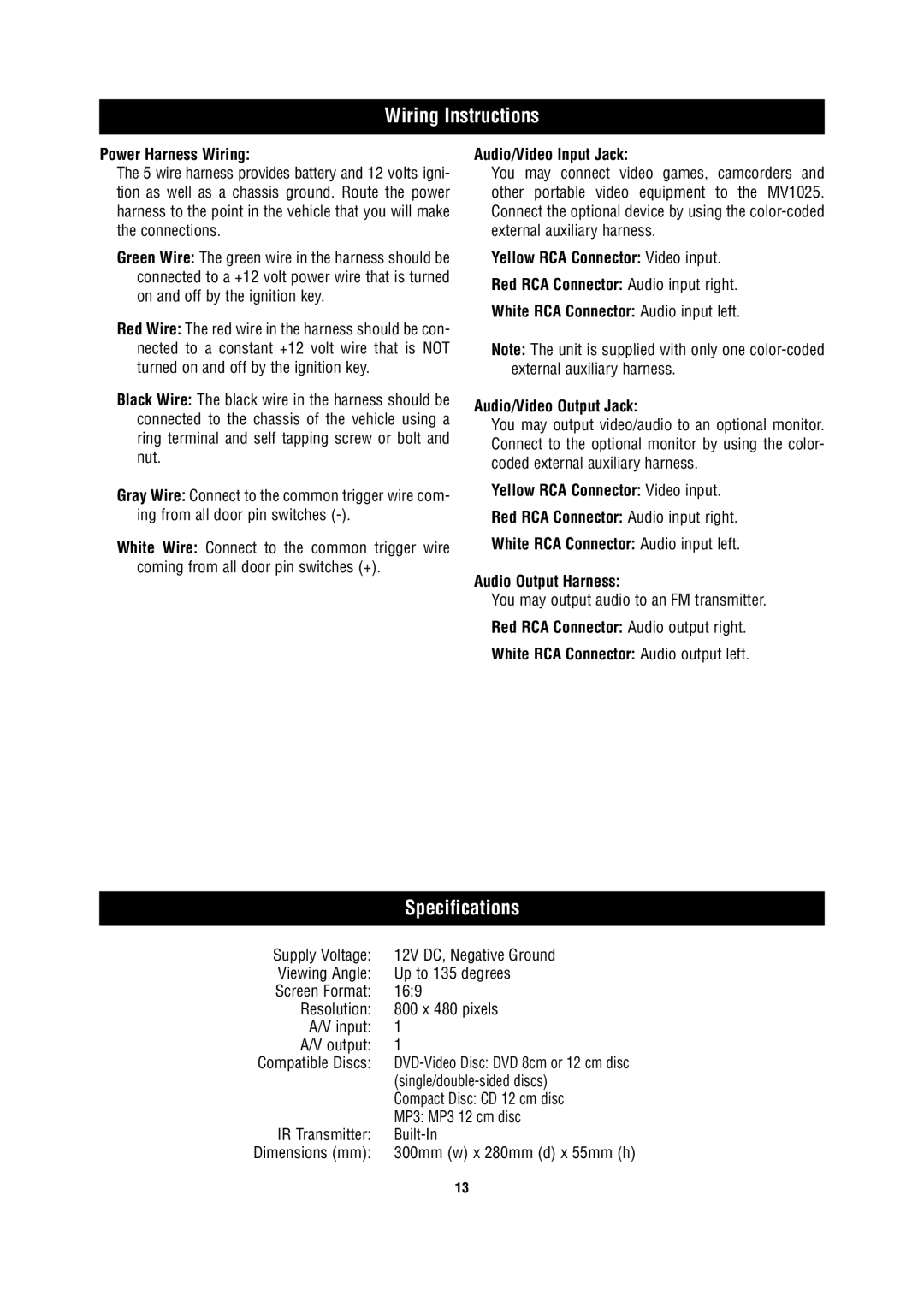 Magnadyne MV1025 owner manual Wiring Instructions, Specifications, Power Harness Wiring, Audio/Video Input Jack 