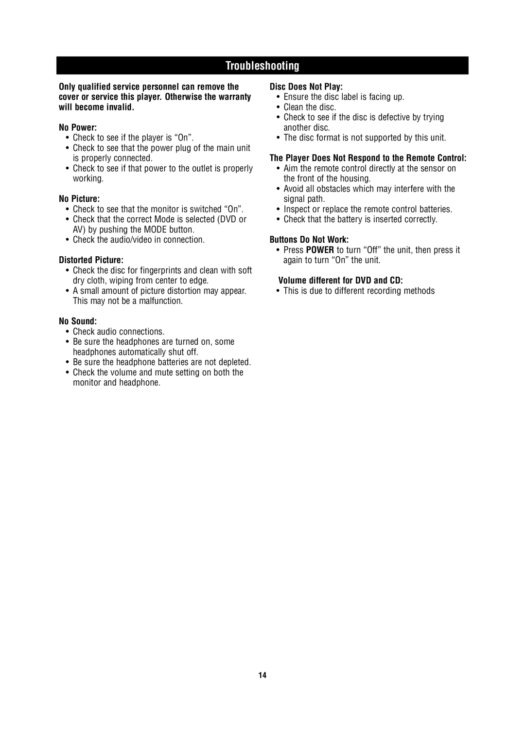 Magnadyne MV1025 owner manual Troubleshooting 