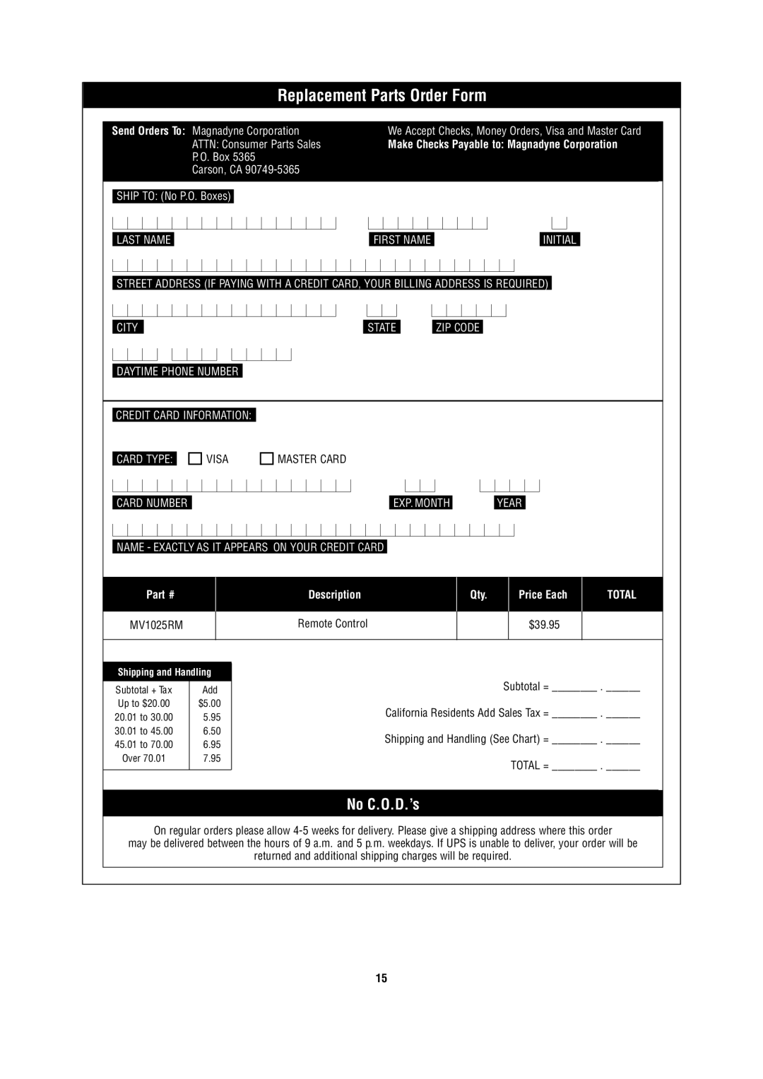 Magnadyne MV1025 owner manual ReplaceReplacement Partsrts OrderOrderFormForm, Box Carson, CA 