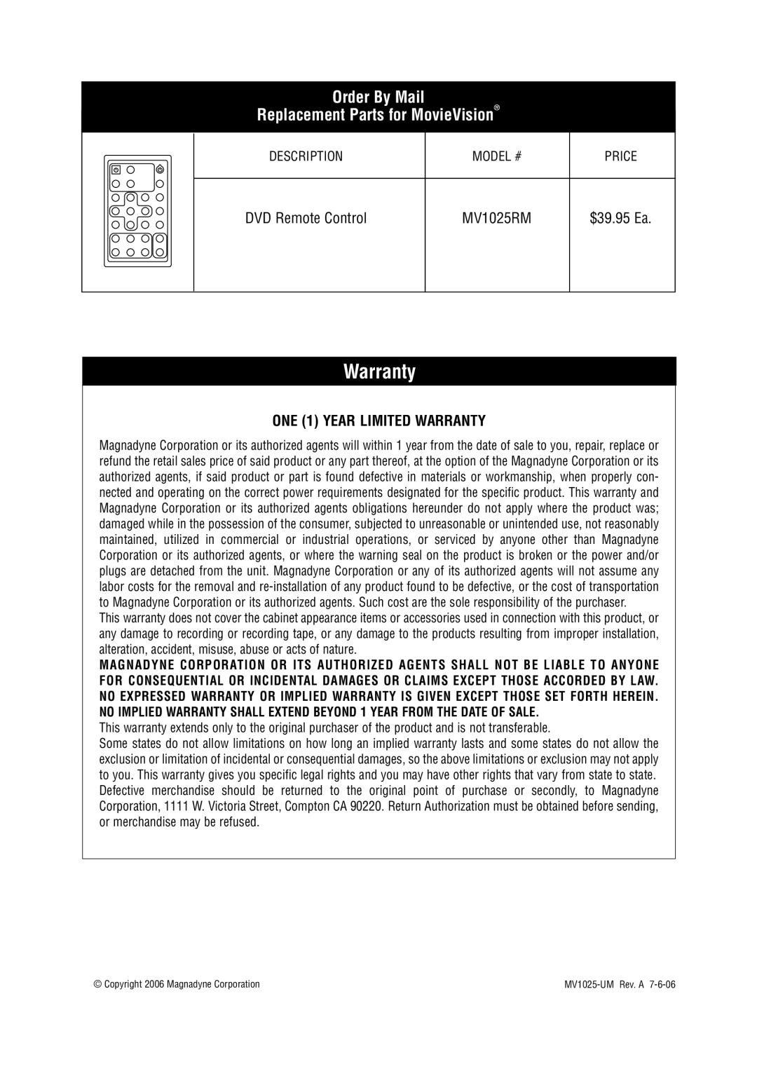 Magnadyne MV1025 owner manual Warranty, Order By Mail Replacement Parts for MovieVision 