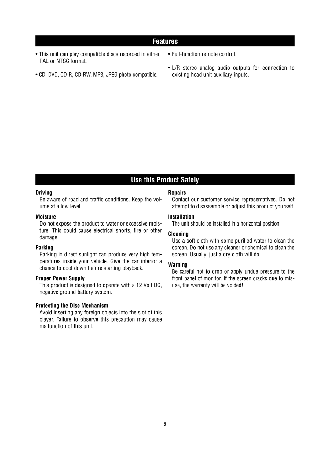 Magnadyne MV1025 owner manual Features, Use this Product Safely 