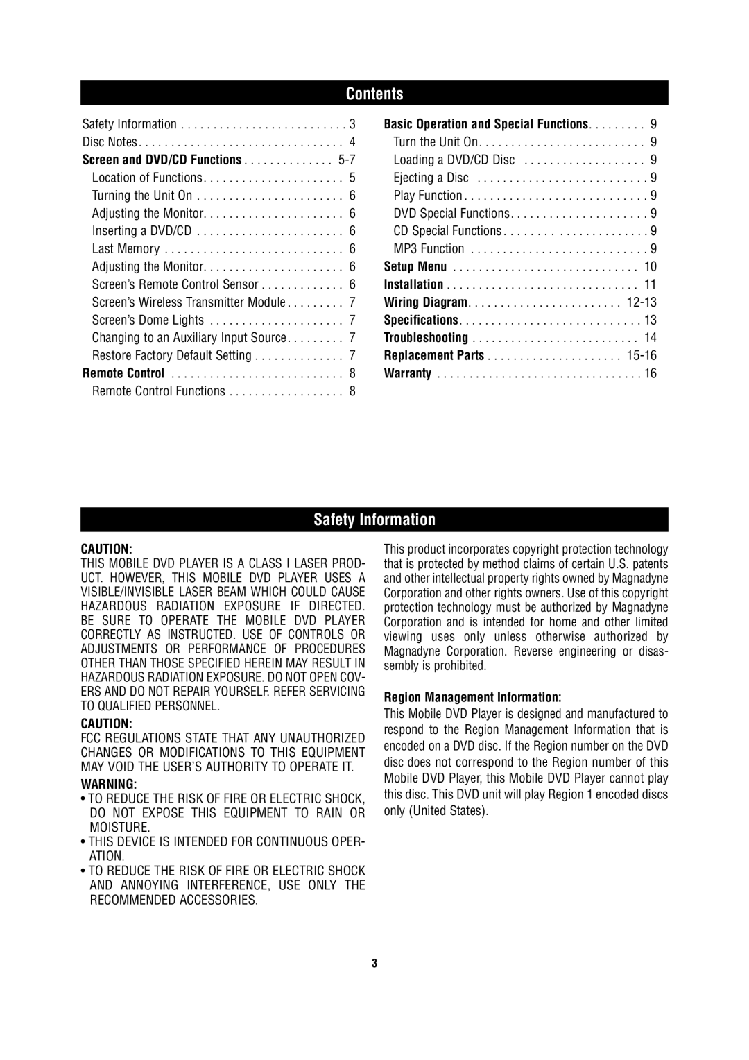 Magnadyne MV1025 owner manual Contents, Safety Information 