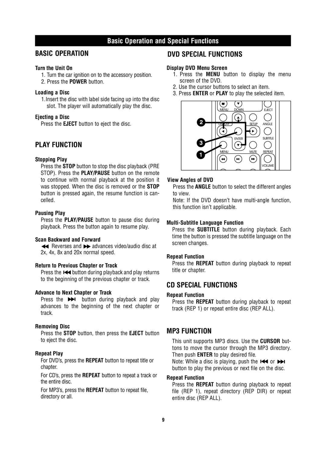 Magnadyne MV1025 owner manual Basic Operation and Special Functions 