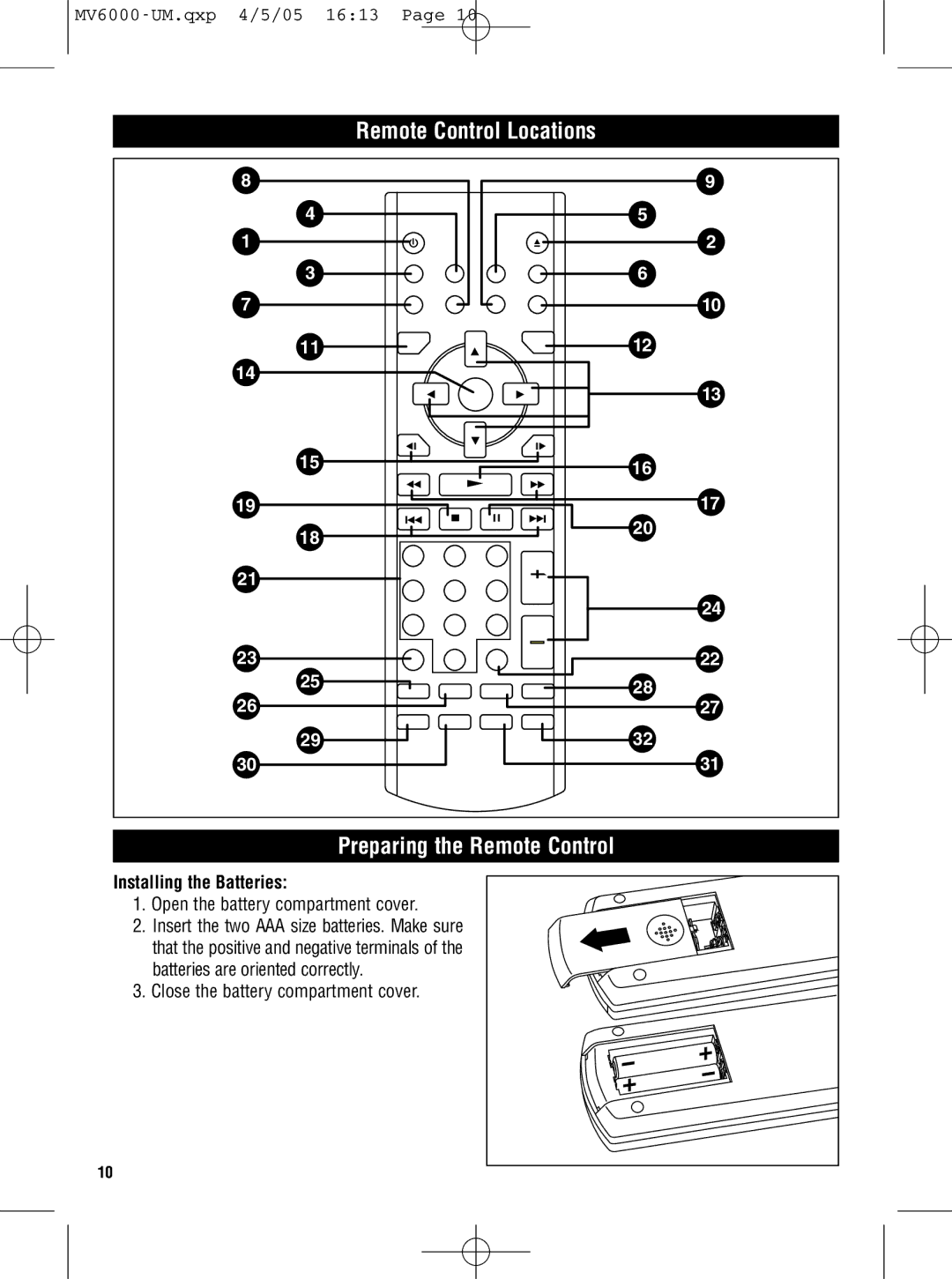 Magnadyne MV6000C owner manual Remote Control Locations Preparing the Remote Control, Installing the Batteries 