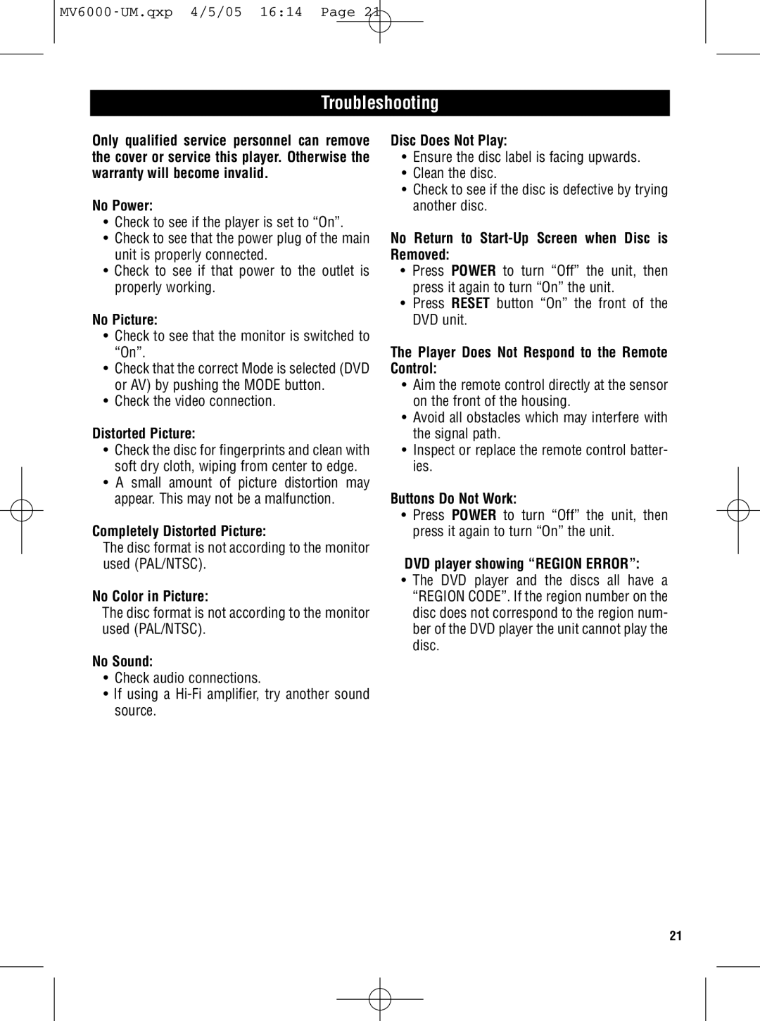 Magnadyne MV6000C owner manual Troubleshooting 