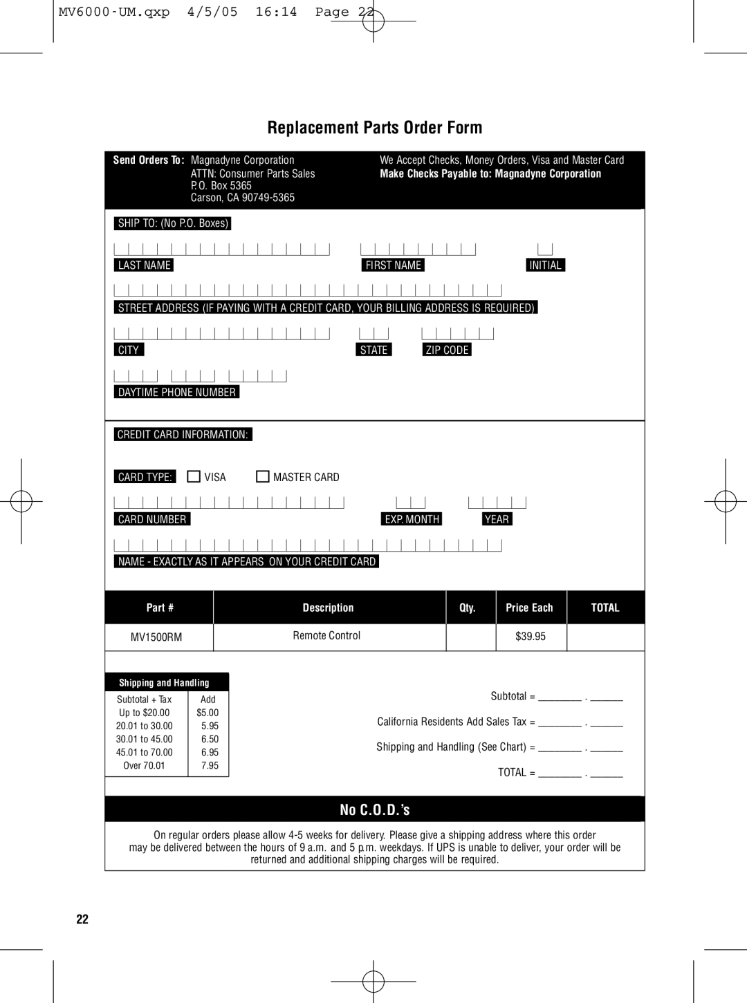 Magnadyne MV6000C owner manual Replacement Parts Order Form 