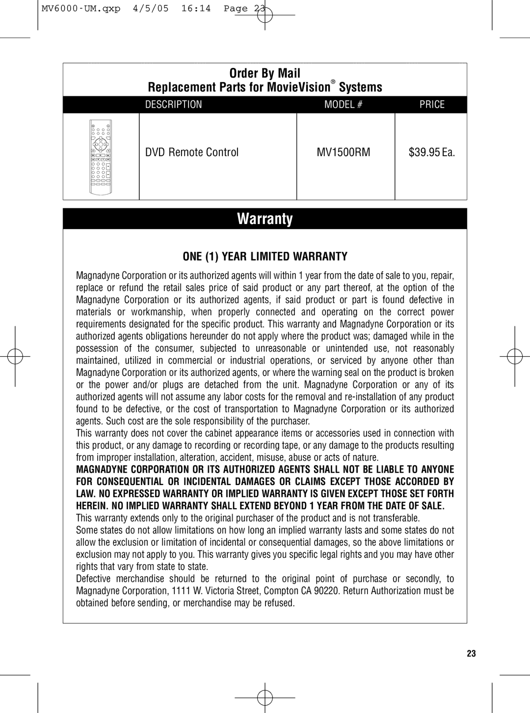 Magnadyne MV6000C owner manual Warranty 