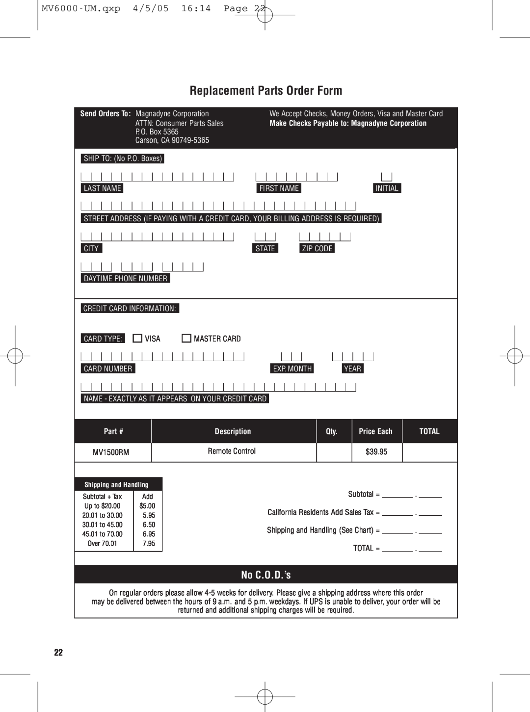 Magnadyne MV6000C Replacement Parts Order Form, No C.O.D.’s, MV6000-UM.qxp 4/5/05 1614 Page, Description, Price Each 