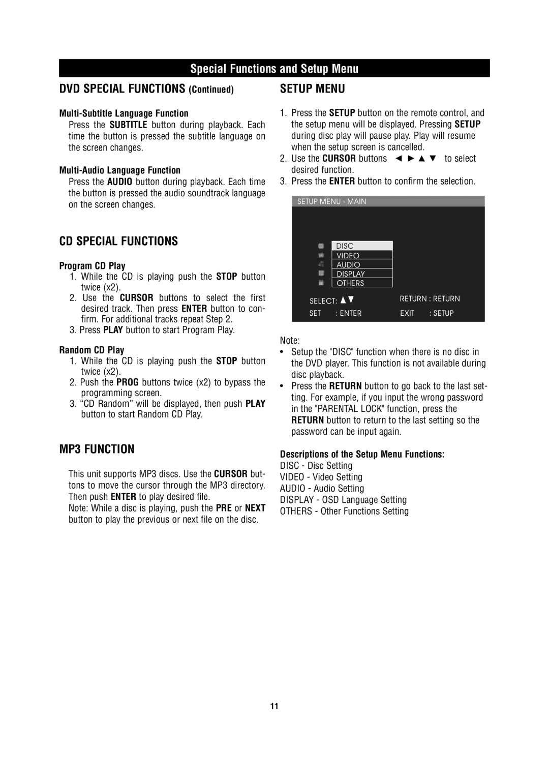 Magnadyne MV850 owner manual Special Functions and Setup Menu, CD Special Functions, MP3 Function 