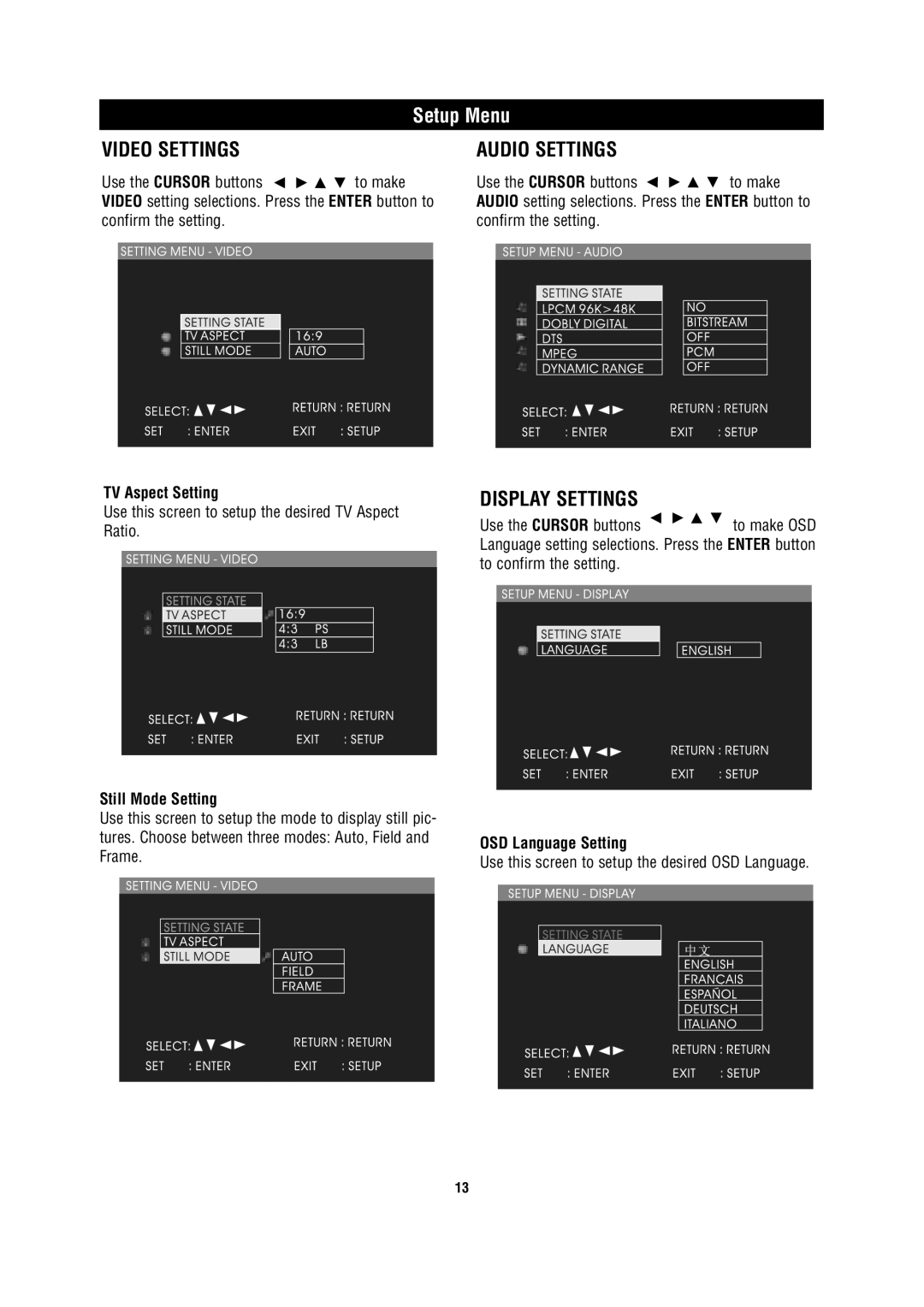 Magnadyne MV850 owner manual Video Settings, Display Settings, TV Aspect Setting, Still Mode Setting, OSD Language Setting 