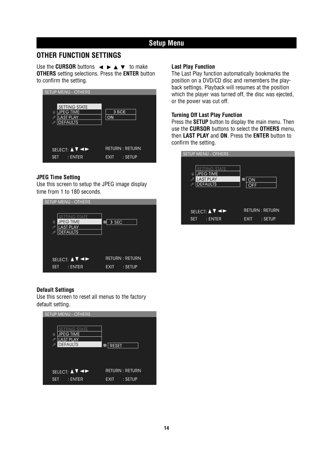 Magnadyne MV850 Other Function Settings, Jpeg Time Setting, Turning Off Last Play Function, Default Settings 