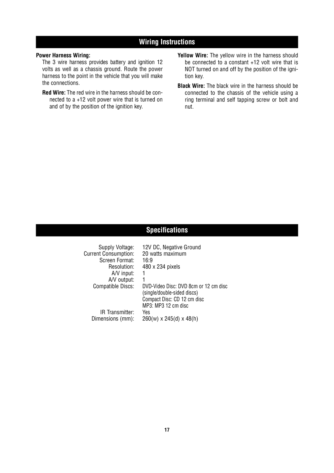 Magnadyne MV850 owner manual Wiring Instructions, Specifications, Power Harness Wiring 