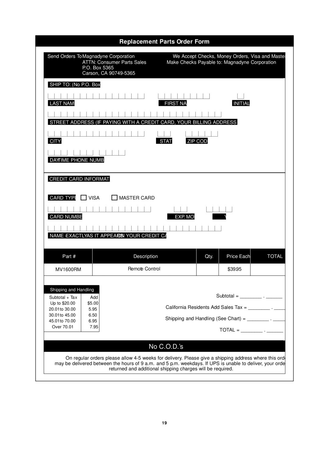 Magnadyne MV850 owner manual ReplacementReplacement Parts OrderOrderFormForm 