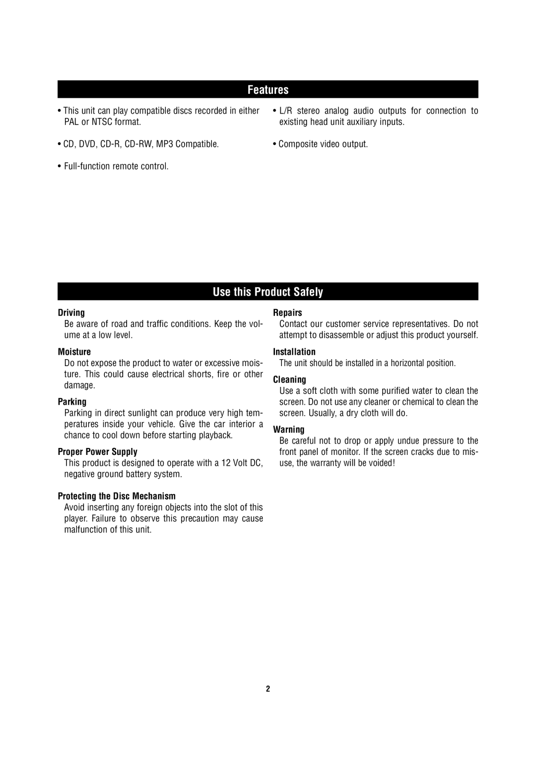 Magnadyne MV850 owner manual Features, Use this Product Safely 