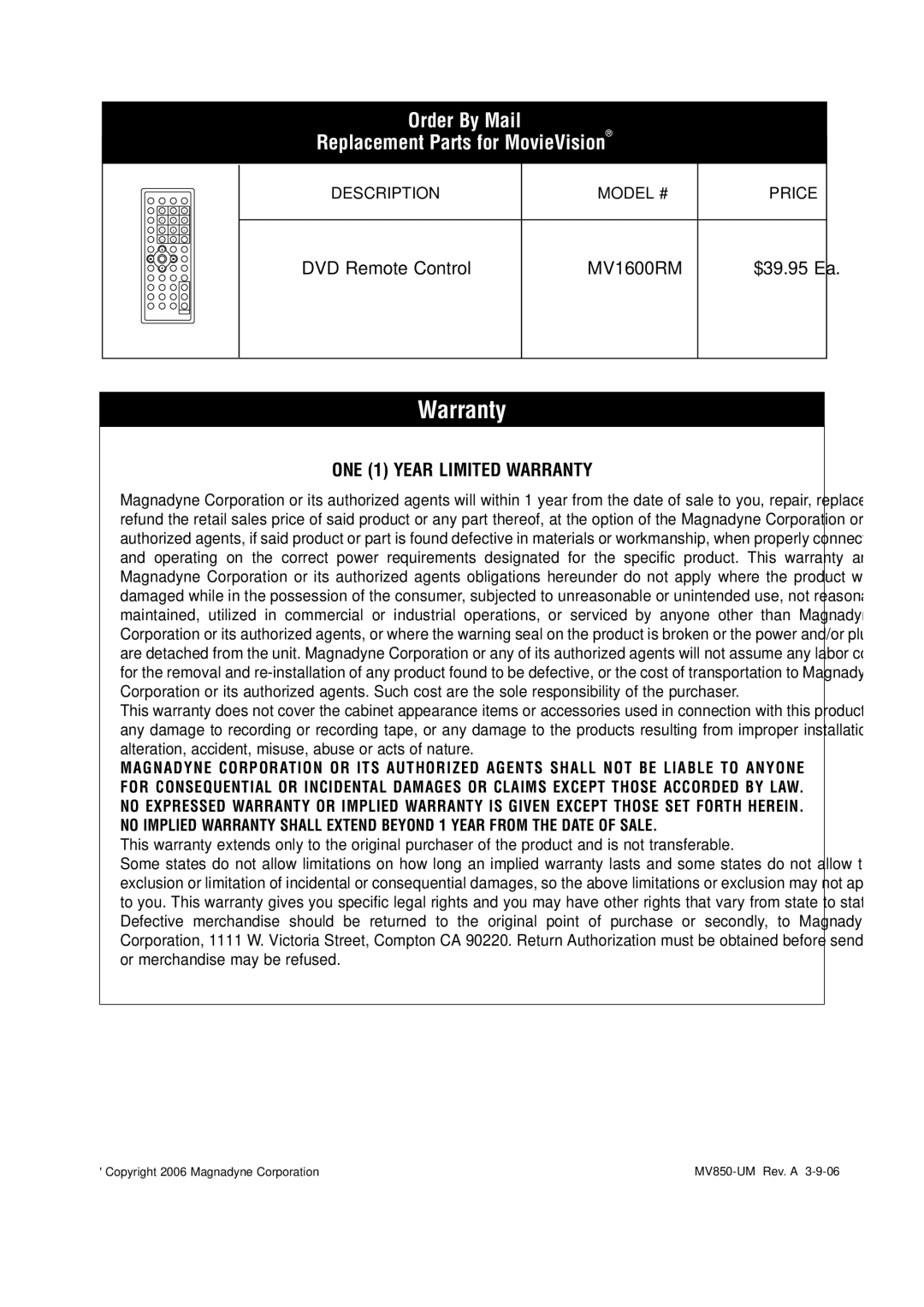 Magnadyne MV850 owner manual Order By Mail Replacement Parts for MovieVision, MV1600RM 