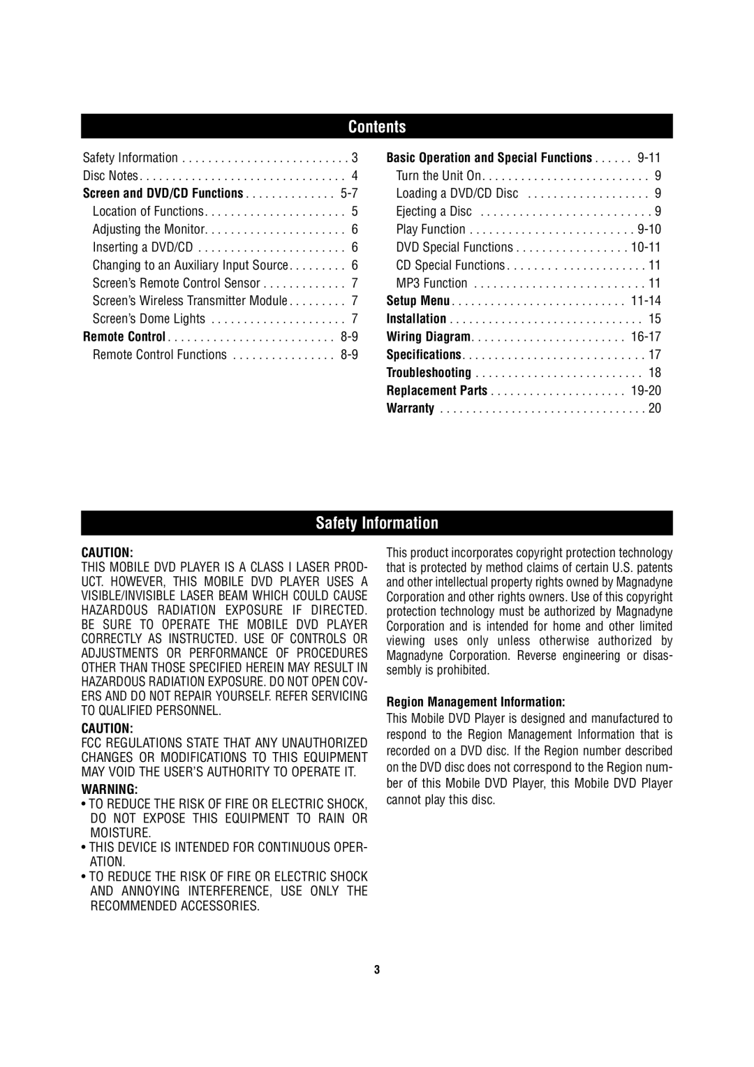 Magnadyne MV850 owner manual Contents, Safety Information 