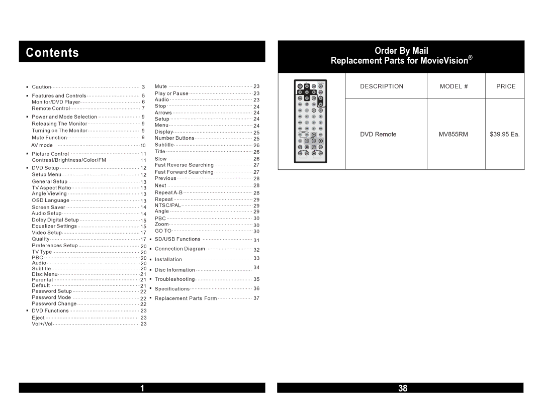 Magnadyne MV855 warranty Conautentio s, Specifications Order By Mail 