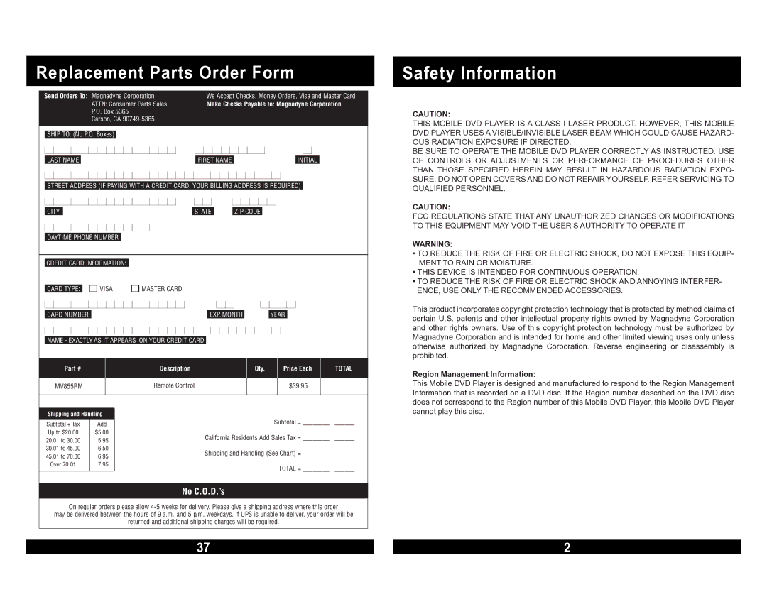 Magnadyne MV855 warranty Replacement Parts Order Form, Safety Information 