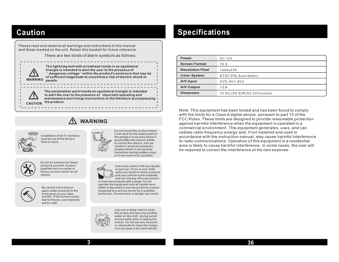 Magnadyne MV855 warranty Specifications 