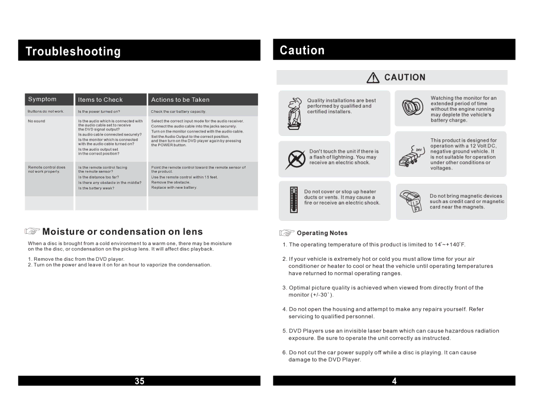 Magnadyne MV855 warranty Troubleshooting, Symptom Items to Check 