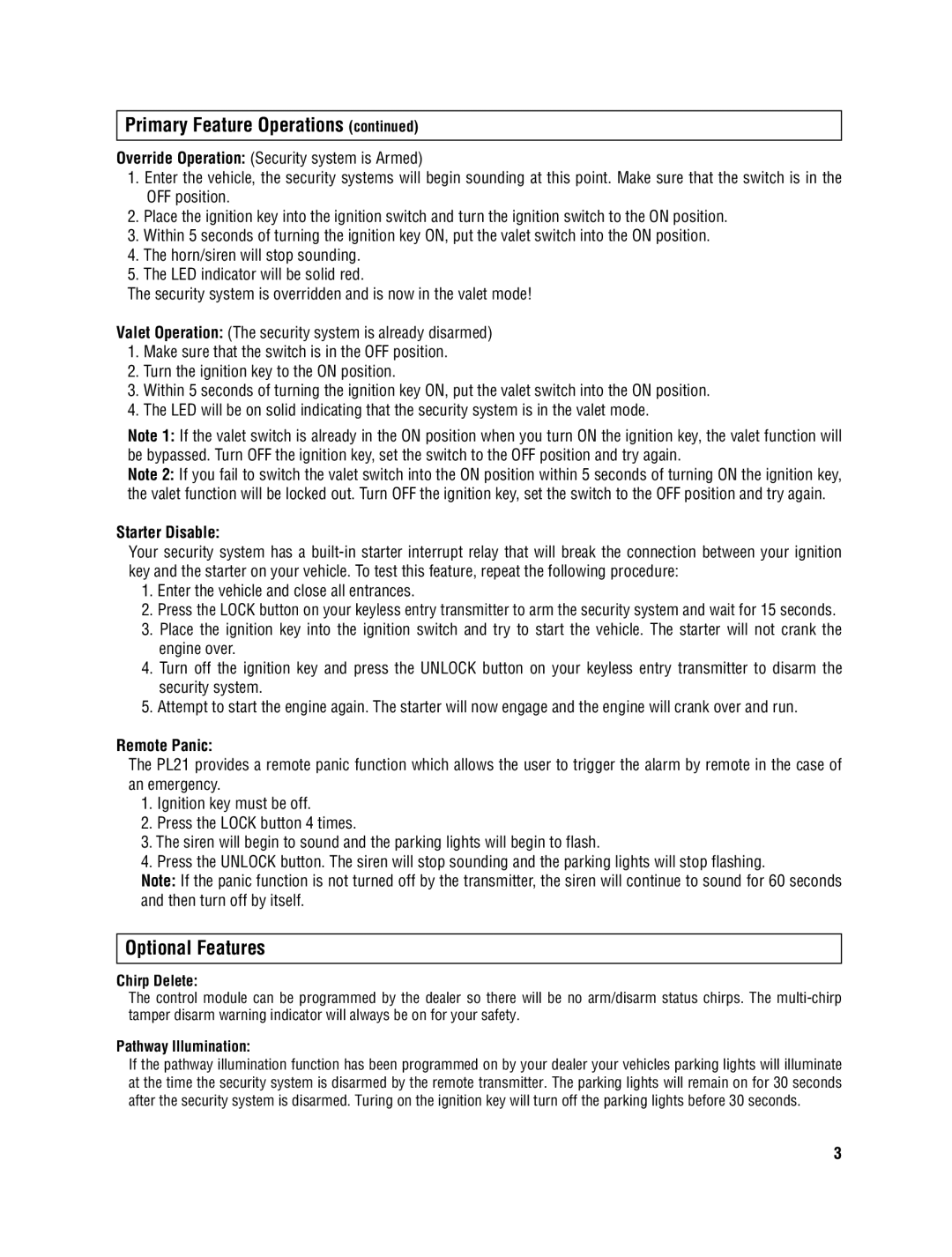 Magnadyne PL21 owner manual Optional Features, Starter Disable, Remote Panic, Chirp Delete, Pathway Illumination 