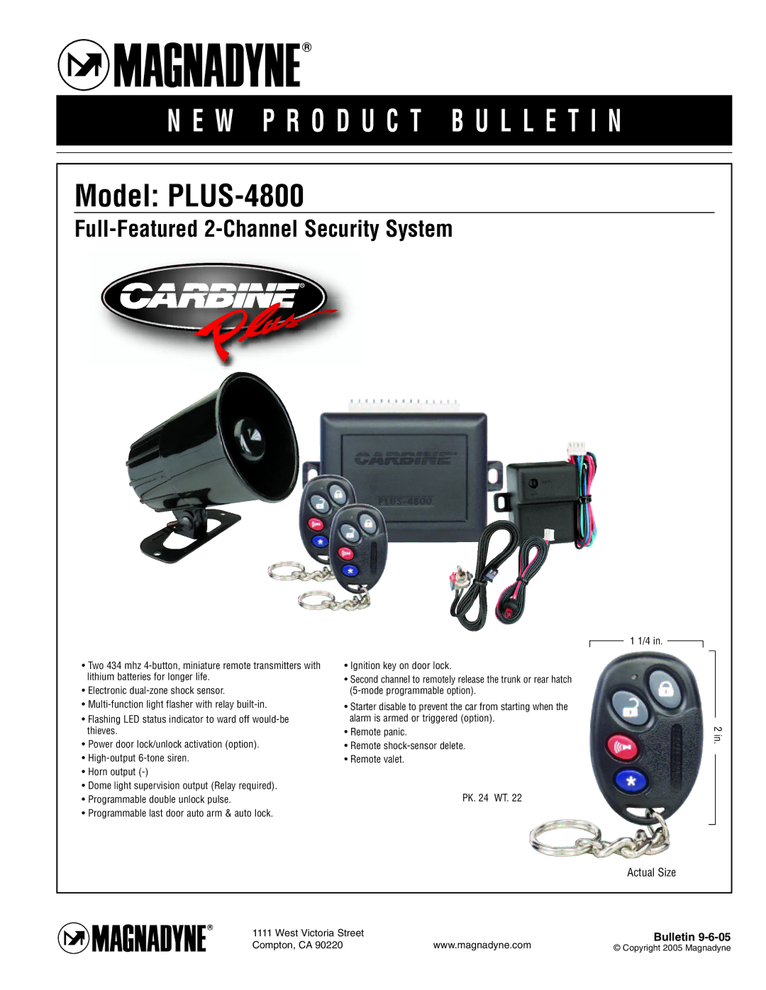 Magnadyne manual W P R O D U C T B U L L E T I N, Model PLUS-4800, Full-Featured 2-Channel Security System 