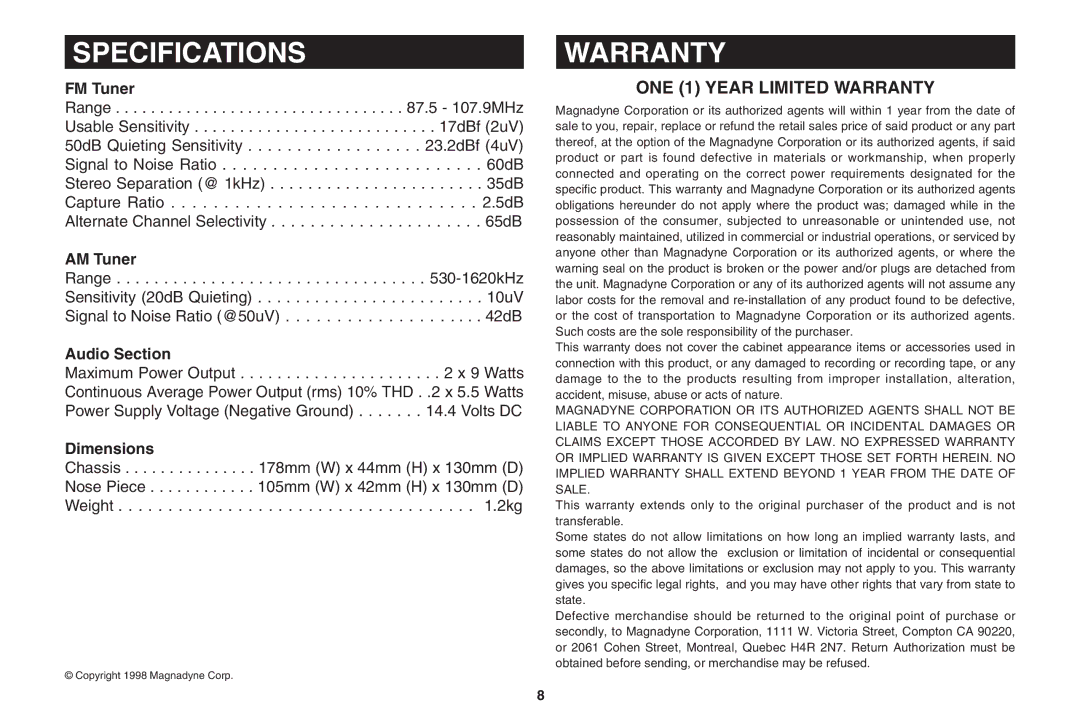 Magnadyne PPC-200 owner manual Specifications, Warranty 