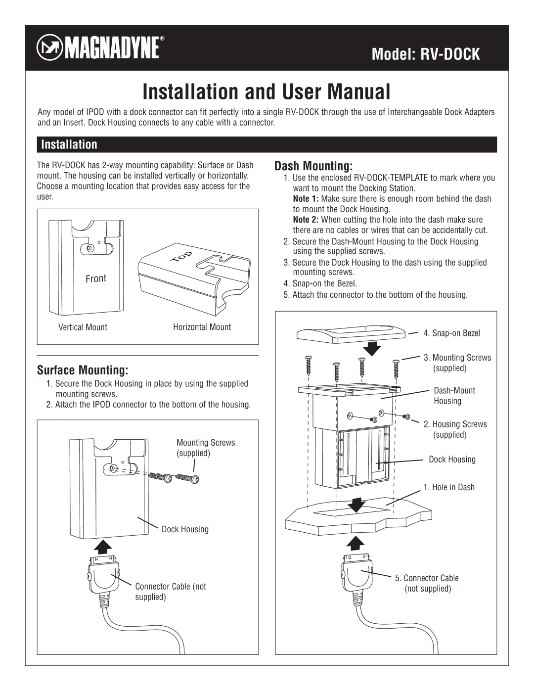 Magnadyne RV-DOCK user manual Installation, Surface Mounting, Dash Mounting 