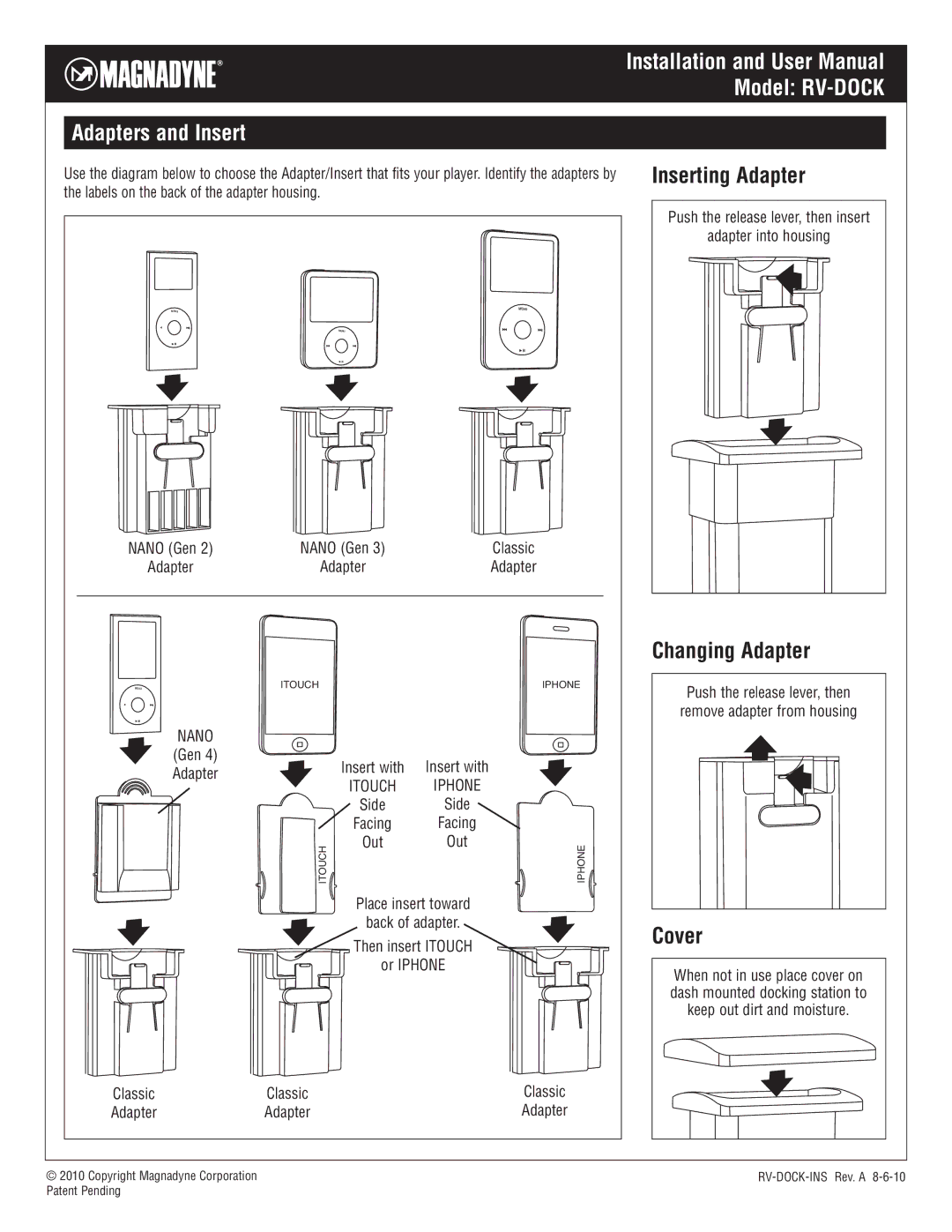 Magnadyne user manual Model RV-DOCK, Adapters and Insert, Changing Adapter, Cover 