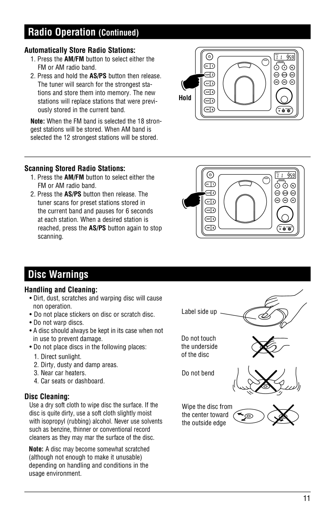 Magnadyne RV4000 installation manual Radio Operation, Disc Warnings 