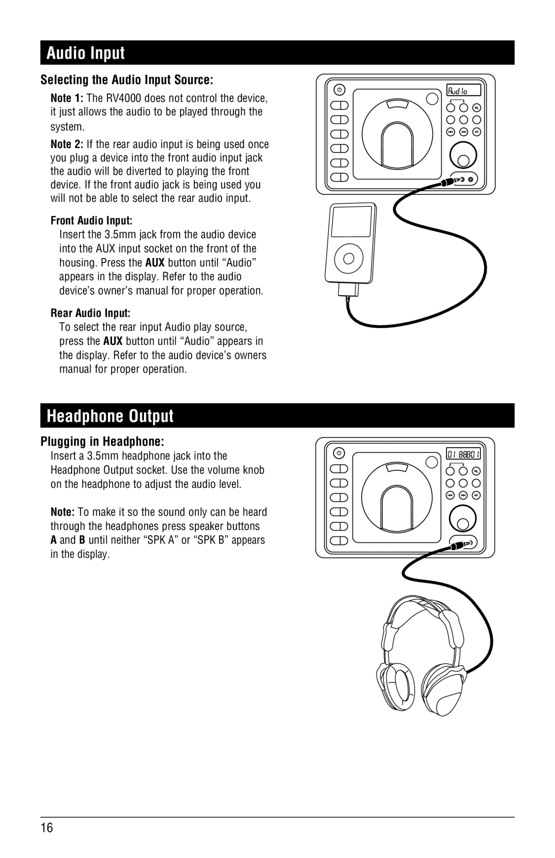 Magnadyne RV4000 installation manual Headphone Output, Selecting the Audio Input Source, Plugging in Headphone 