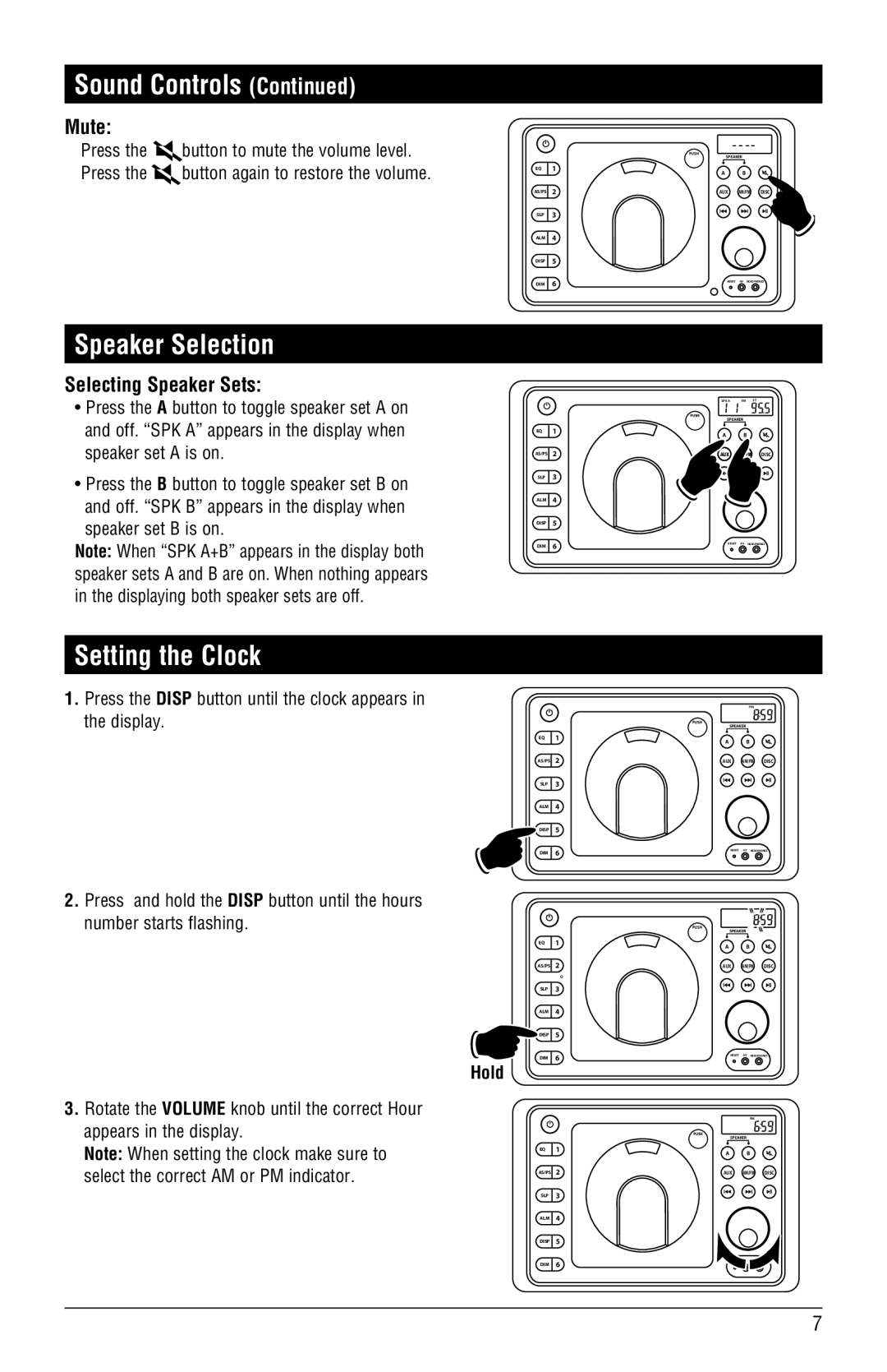 Magnadyne RV4000 installation manual Speaker Selection, Setting the Clock, Mute, Selecting Speaker Sets 