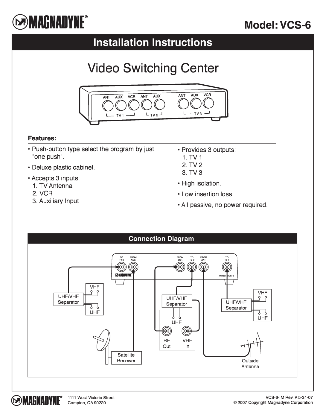 Magnadyne installation instructions Video Switching Center, Model VCS-6, Installation Instructions, Connection Diagram 