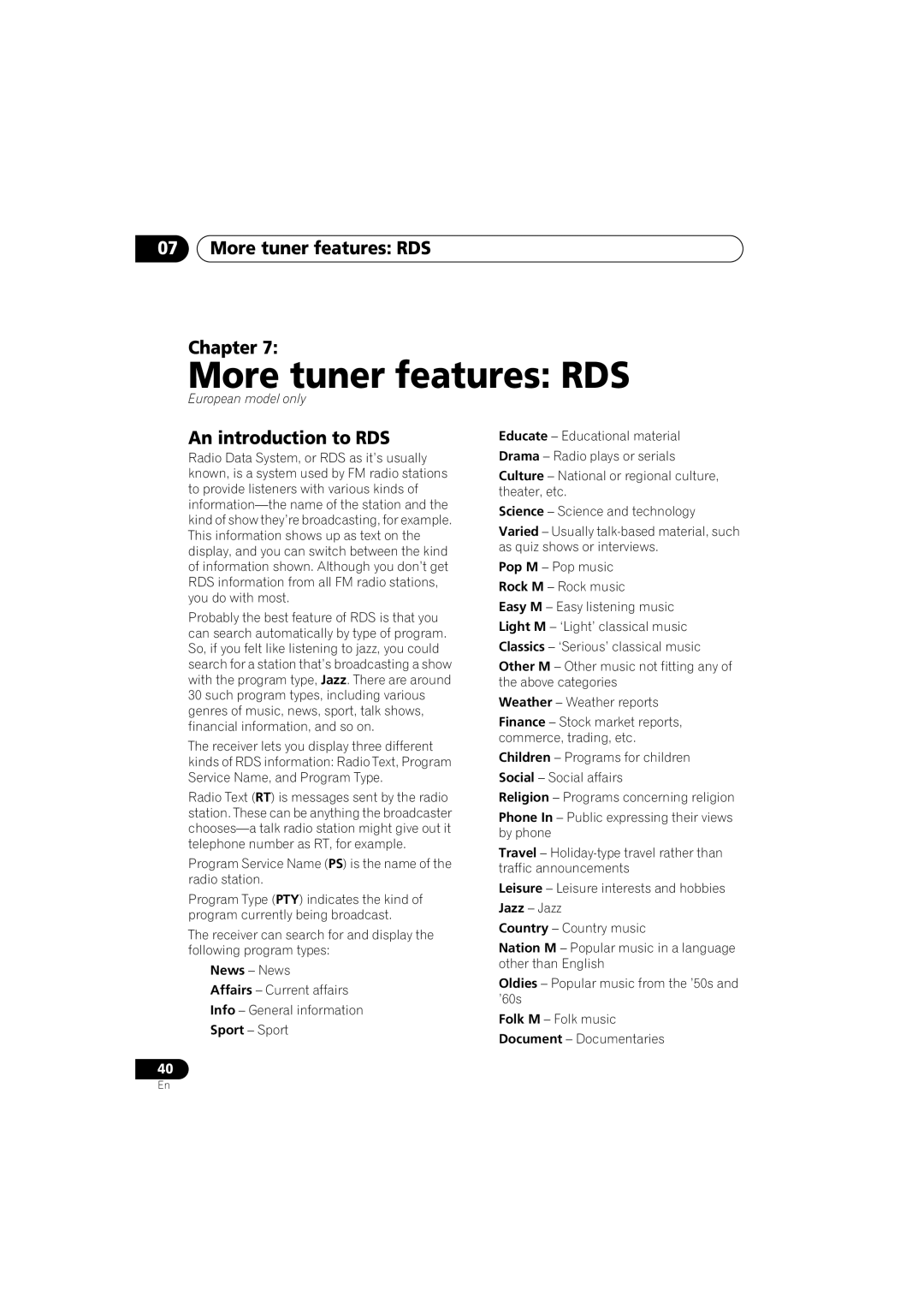 Magnadyne XV-DV323, S-DV424, S-DV323, XV-DV424 More tuner features RDS Chapter, An introduction to RDS 