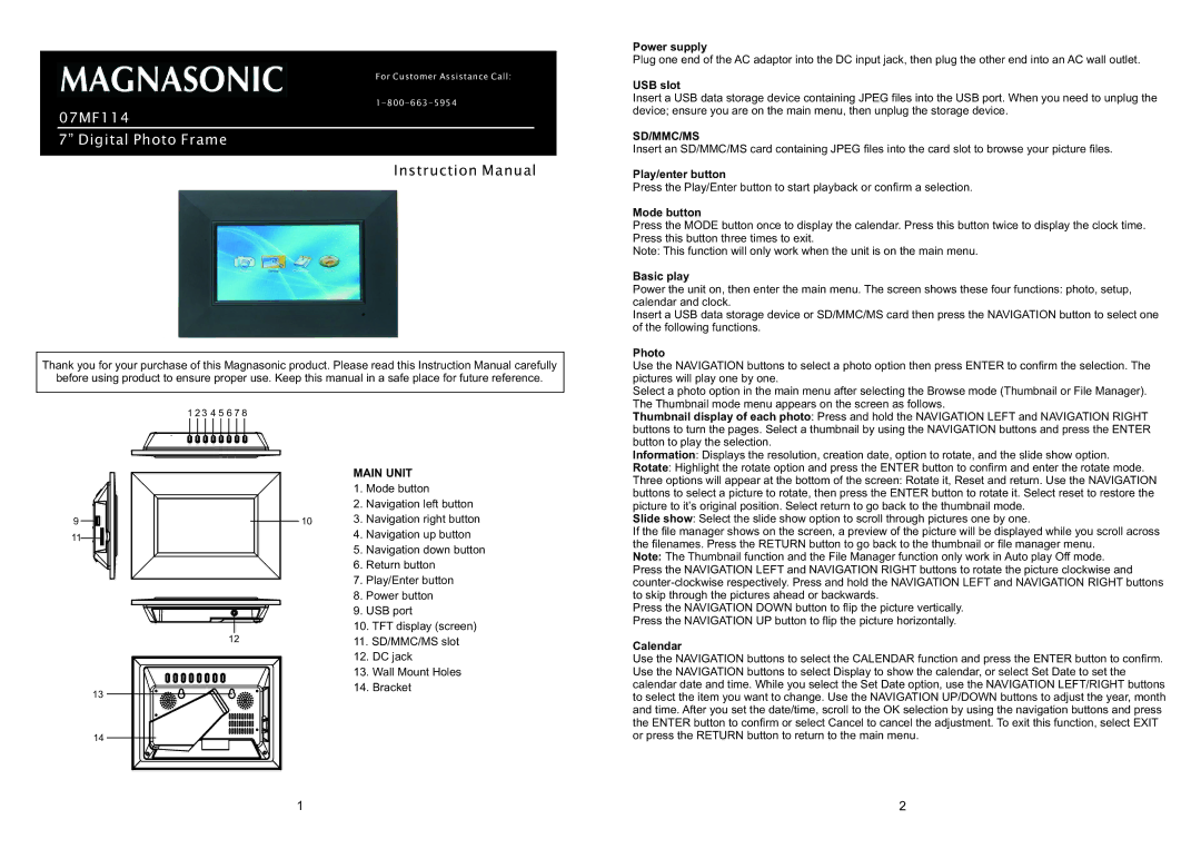 Magnasonic 07MF114 instruction manual Sd/Mmc/Ms, Main Unit 