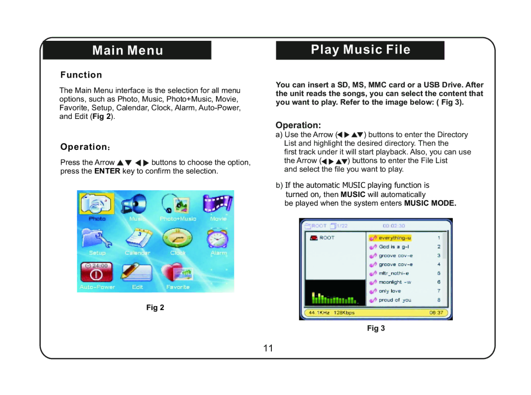 Magnasonic 07MF117 instruction manual Main Menu, Play Music File, Function, Operation 