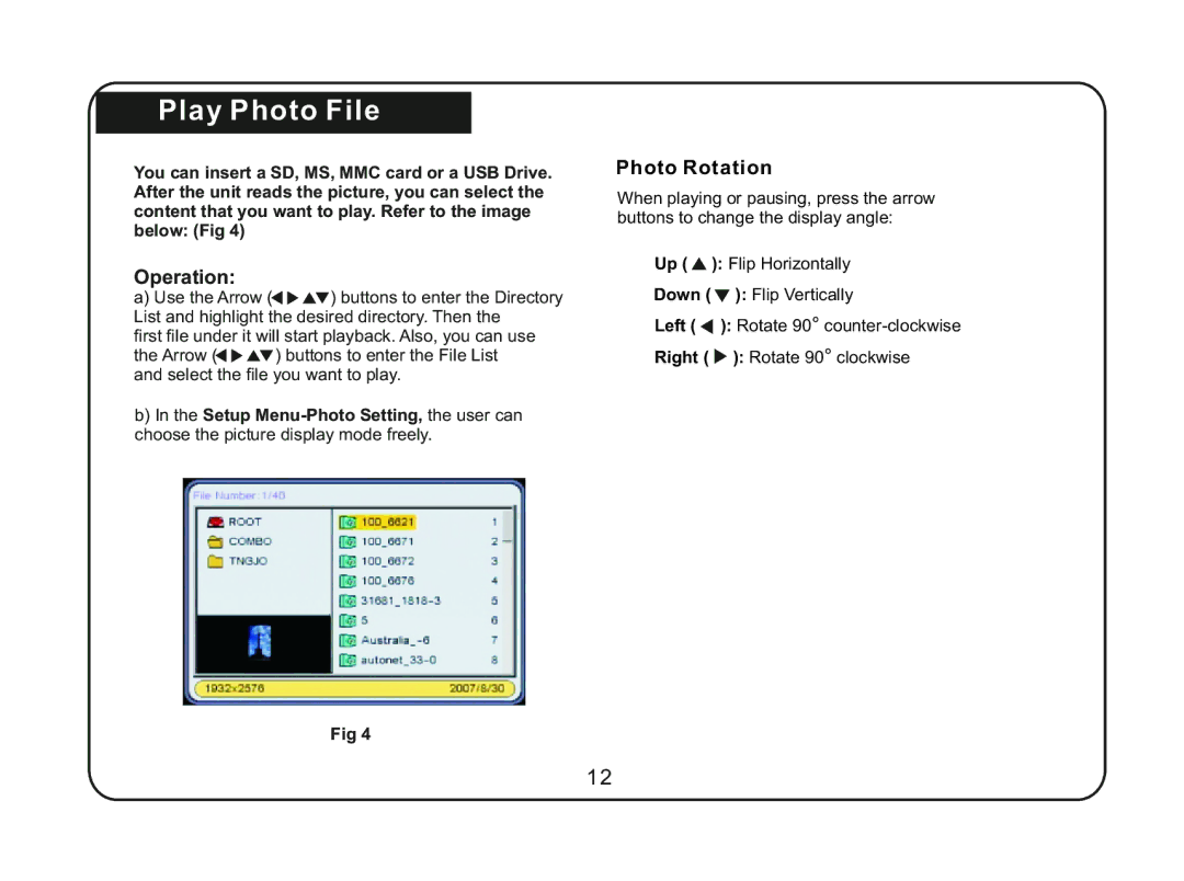 Magnasonic 07MF117 instruction manual Play Photo File, Photo Rotation 