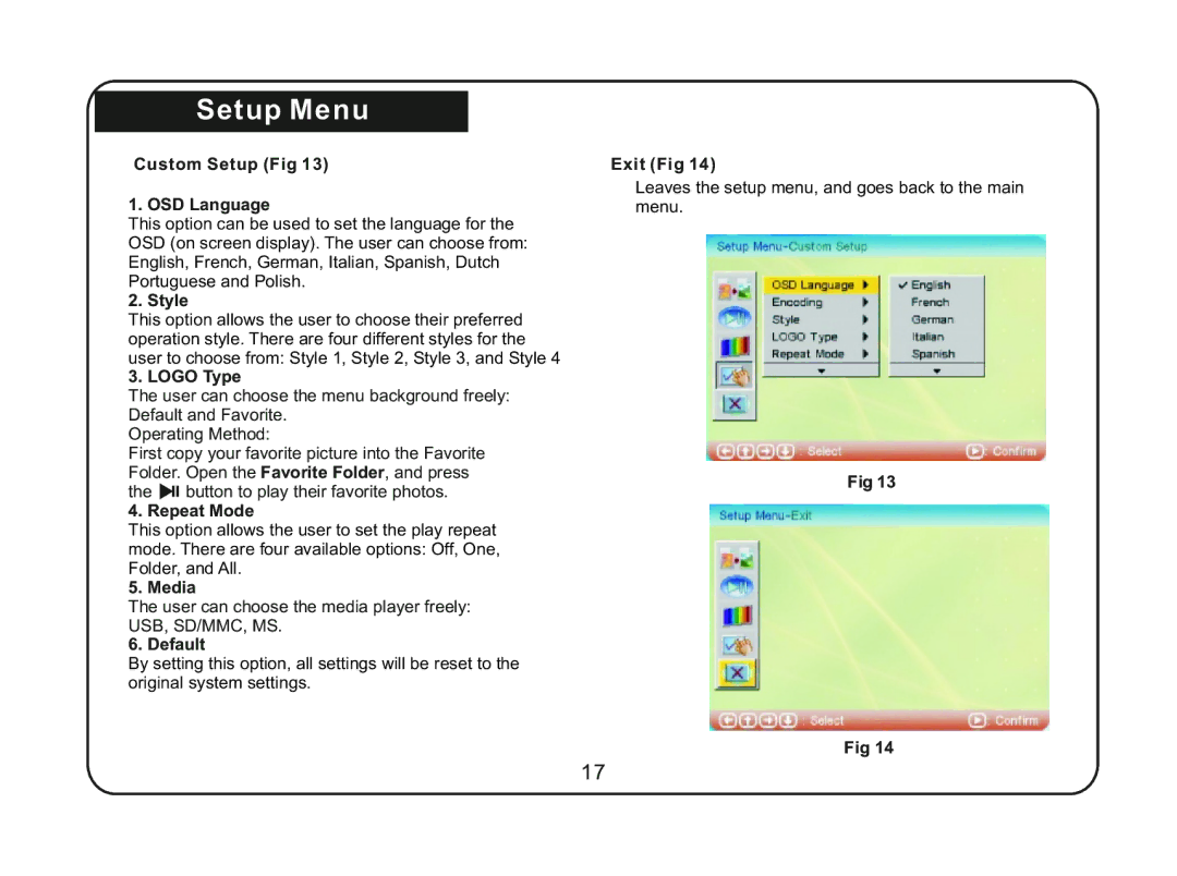 Magnasonic 07MF117 Custom Setup Fig OSD Language, Style, Logo Type, Repeat Mode, Media, Default, Exit Fig 