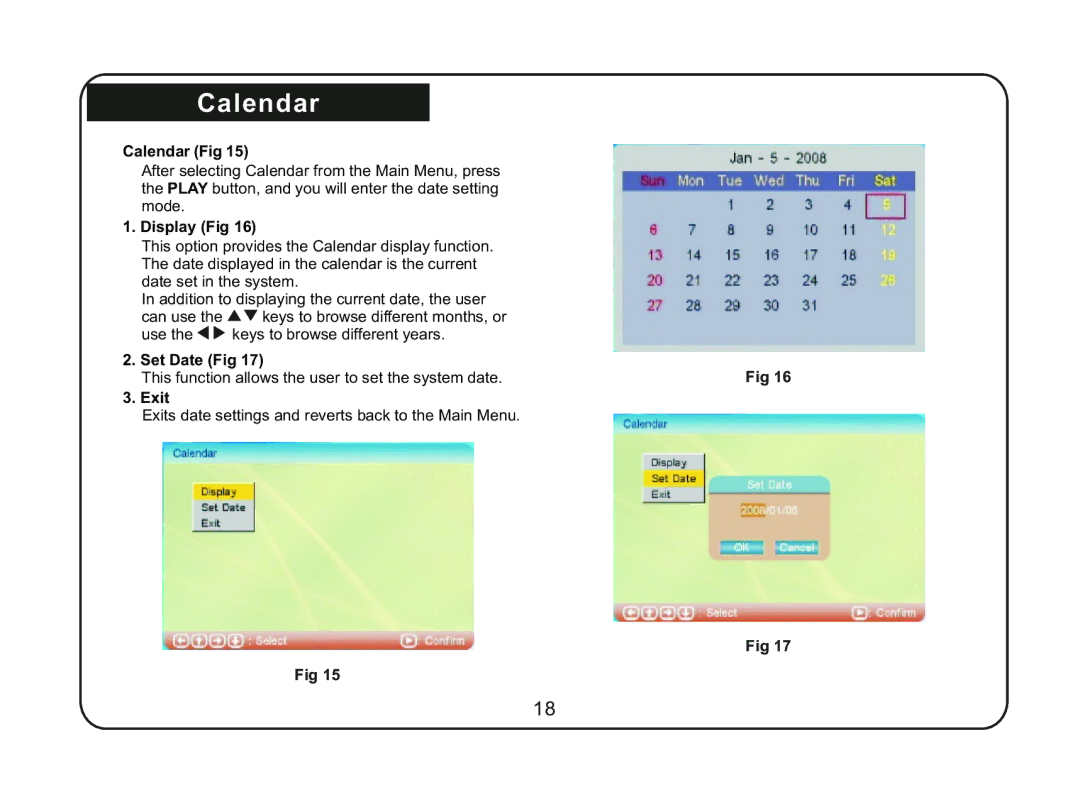 Magnasonic 07MF117 instruction manual Calendar Fig, Display Fig, Set Date Fig, Exit 