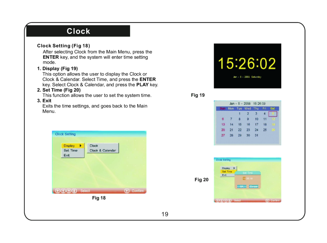 Magnasonic 07MF117 instruction manual Clock Setting Fig, Set Time Fig 