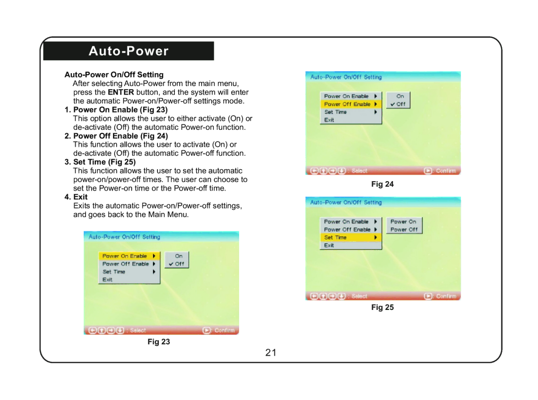 Magnasonic 07MF117 instruction manual Auto-Power On/Off Setting, Power On Enable Fig, Power Off Enable Fig 