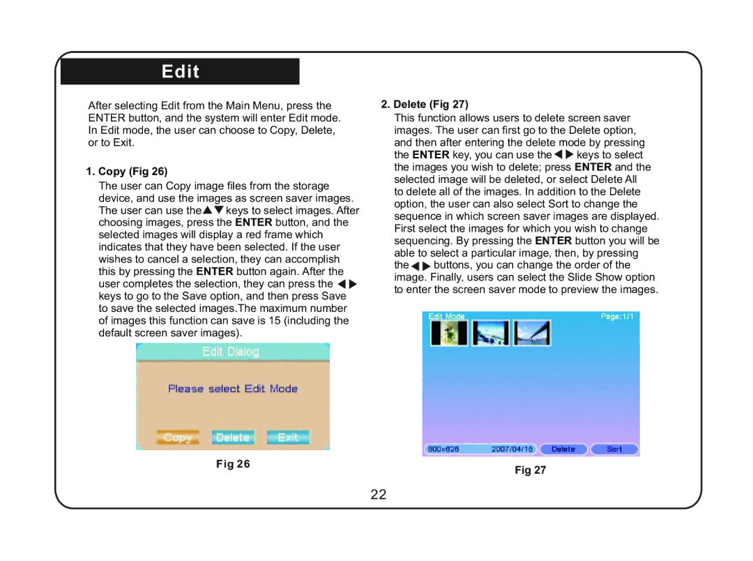 Magnasonic 07MF117 instruction manual Edit, Copy Fig, Delete Fig 