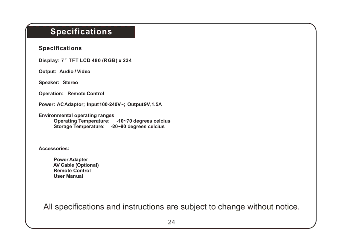 Magnasonic 07MF117 instruction manual Specifications 