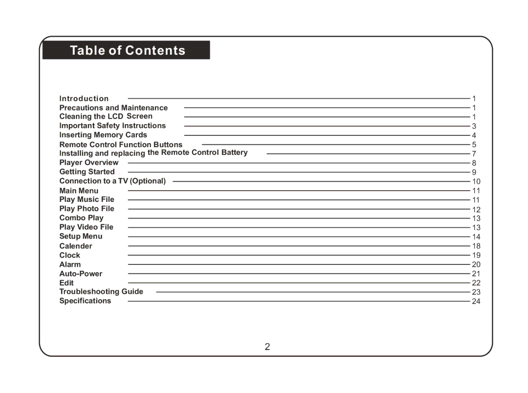 Magnasonic 07MF117 instruction manual Table of Contents 